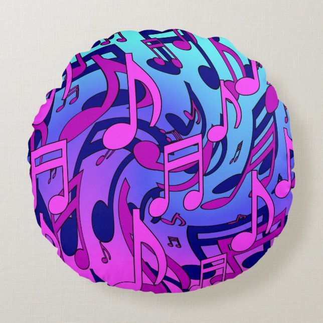 Music Notes Lively Pink Blue Purple Aqua Pattern Round Pillow (Front)