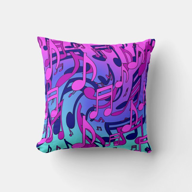 Music Notes Lively Pink Blue Purple Aqua Pattern Throw Pillow (Front)