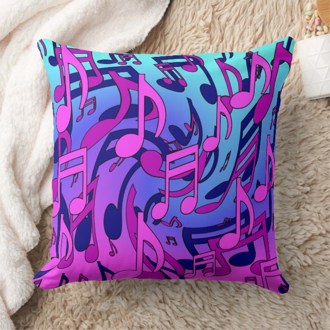 Music Notes Lively Pink Blue Purple Aqua Pattern Throw Pillow (Blanket)
