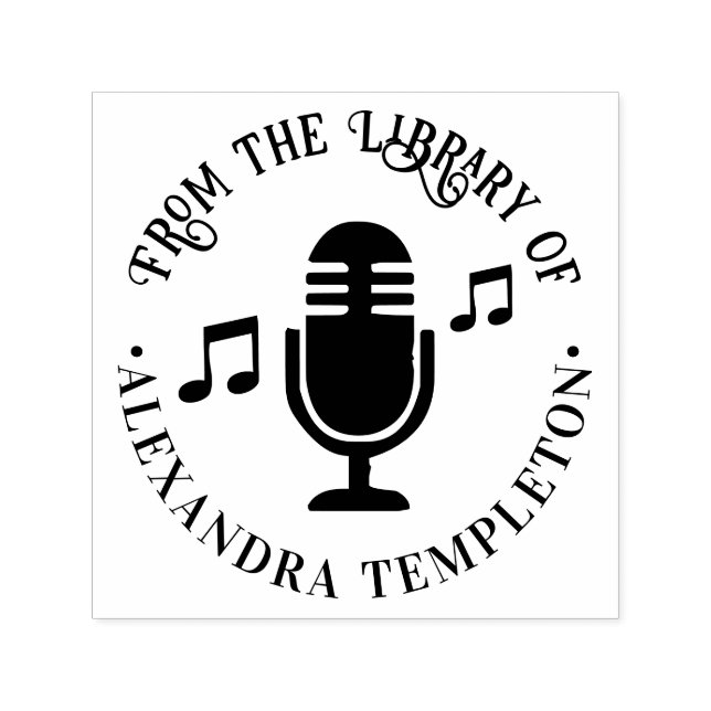 Music Notes, Microphone Round Library Book Name Self-inking Stamp (Design)