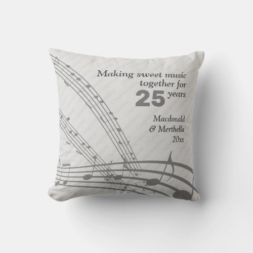 MUSIC NOTES  Modern  25th SILVER Wedding Throw Pillow