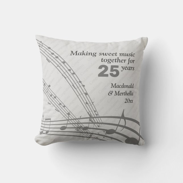 MUSIC NOTES | Modern | 25th SILVER Wedding Throw Pillow (Front)