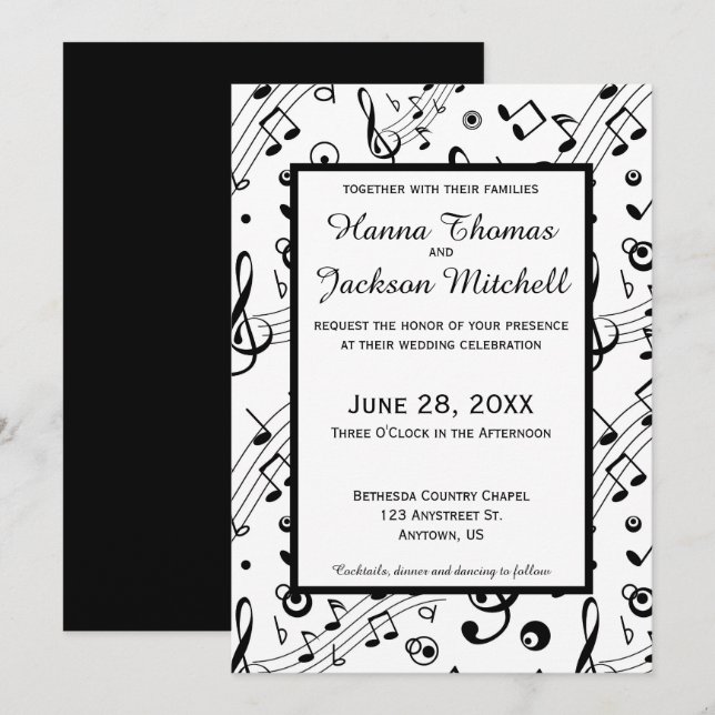 Music Notes Modern Black and White Musical  Invitation (Front/Back)