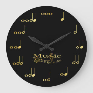 Music Notes - Music is Life - Black and Gold Large Clock