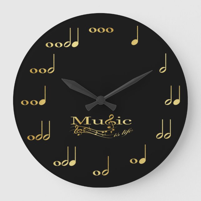 Music Notes - Music is Life - Black and Gold Large Clock (Front)