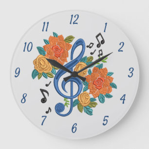 Music Notes Musical Clef Floral Blue Orange Large Clock