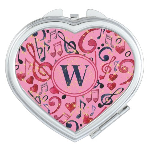 Music Notes Musical Faux Gold Glitter Monogram Compact Mirror