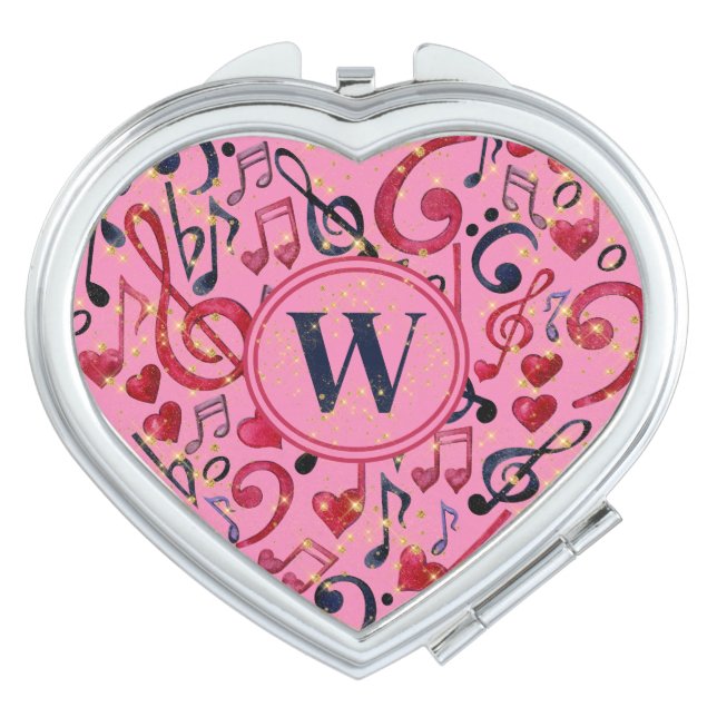 Music Notes Musical Faux Gold Glitter Monogram Compact Mirror (Front)