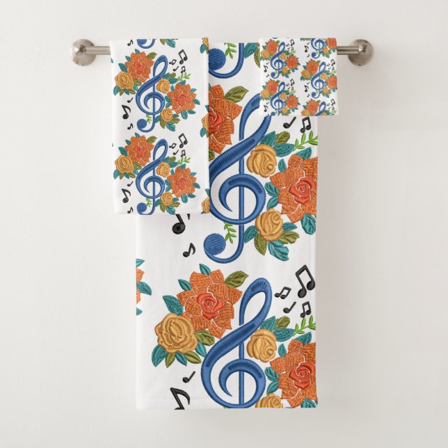 Music Notes Musical Floral Design Orange Blue Bath Towel Set (Insitu)