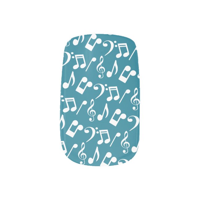 Music Notes Nail Wraps-Teal and White Minx Nail Wraps (Left Thumb)
