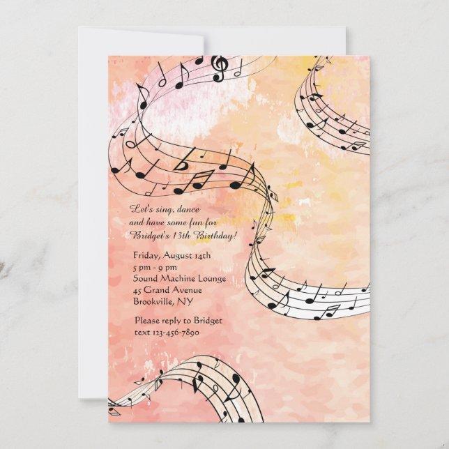 Music Notes On Coral Background Invitation (Front)