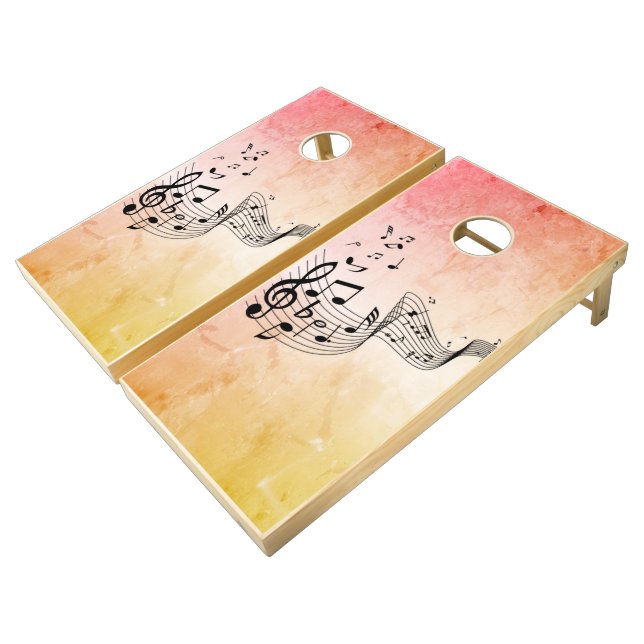 Music Notes on Funky Peach Cornhole Set (Angled)