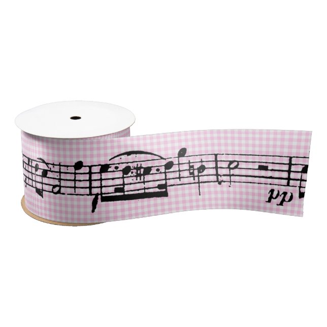 Music Notes on Pink Gingham Satin Ribbon (Spool)