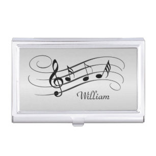 Music Notes on Silver with Name Business Card Case