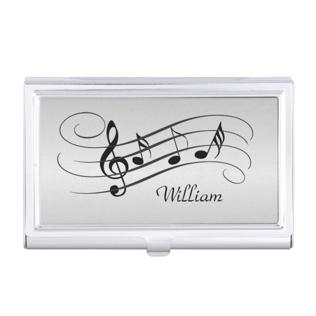Music Notes on Silver with Name Business Card Case (Front)