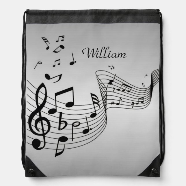 Music Notes on Silver with Name Drawstring Bag (Front)