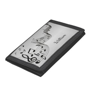 Music Notes on Silver with Name Trifold Wallet