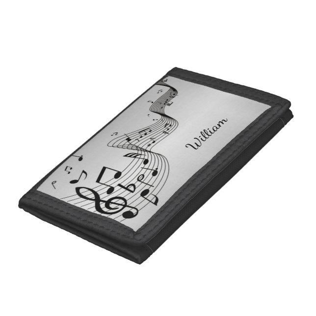 Music Notes on Silver with Name Trifold Wallet (Bottom)