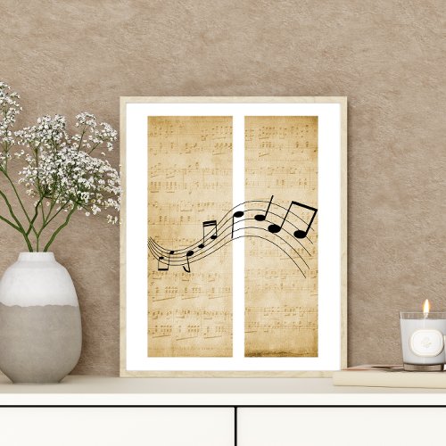 Music Notes on Vintage Old Style Sheet Music Paper Poster