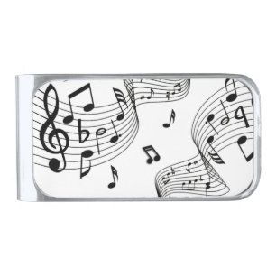 Music Notes on White Silver Finish Money Clip