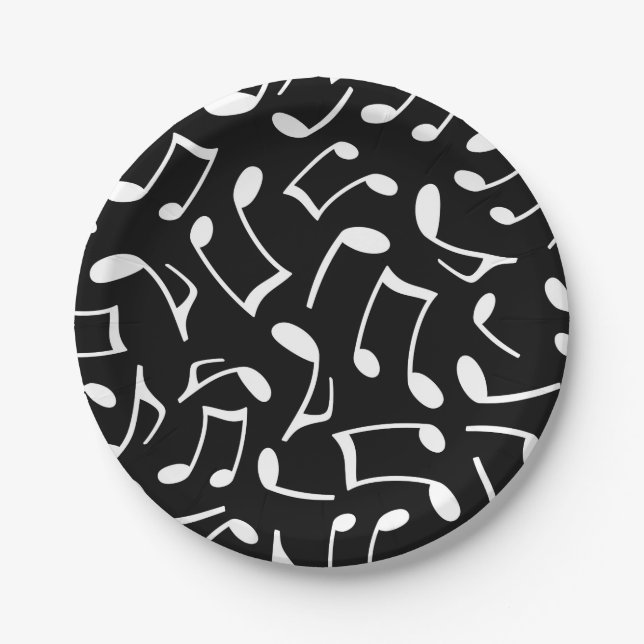 Music Notes Pattern Black and White Paper Plates (Front)