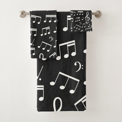 Music Notes Pattern in Black and White Bath Towel Set