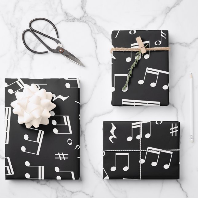 Music Notes Pattern in Black and White Wrapping Paper Sheets (Front)
