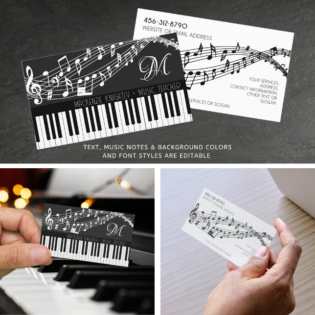 Music Notes Piano Monogram Custom Color Business Card (Creator Uploaded)