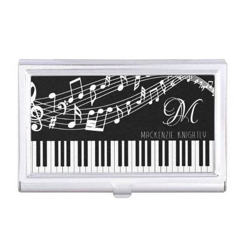 Music Notes Piano Monogram Name Custom Color Business Card Case