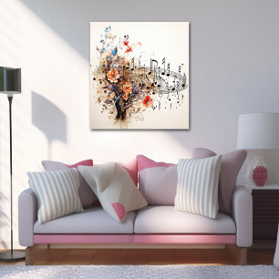 Music Notes Pretty Flowers Colorful Abstract  Poster