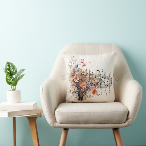  Music Notes Pretty Flowers Colorful Abstract  Throw Pillow