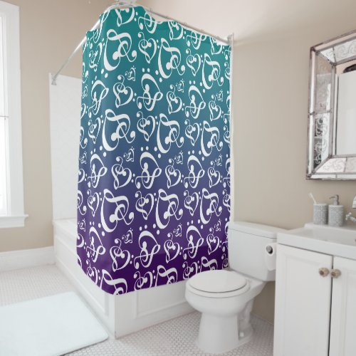 Music Notes Purple Teal Ombre Pattern Clef Hearts Shower Curtain