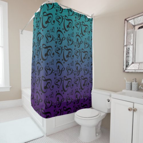 Music Notes Purple Teal Ombre Pattern Clef Hearts Shower Curtain