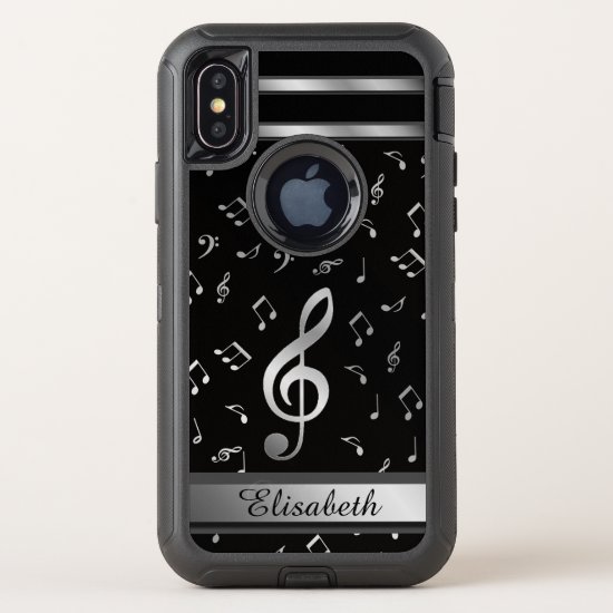 music notes silver and black OtterBox defender iPhone x case