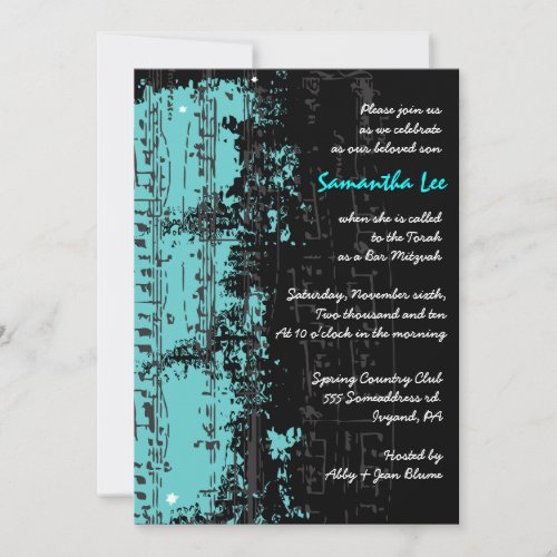 Music Notes Stars Bar Mitzvah Invitation Teal