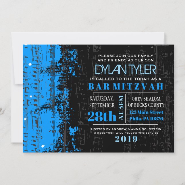Music Notes Stars Bar Mitzvah Invitation blue (Front)