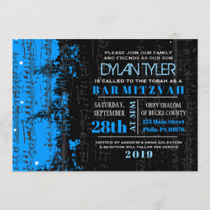 Music Notes Stars Bar Mitzvah Invitation blue