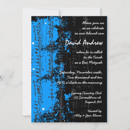 Music Notes Stars Bar Mitzvah Invitation blue