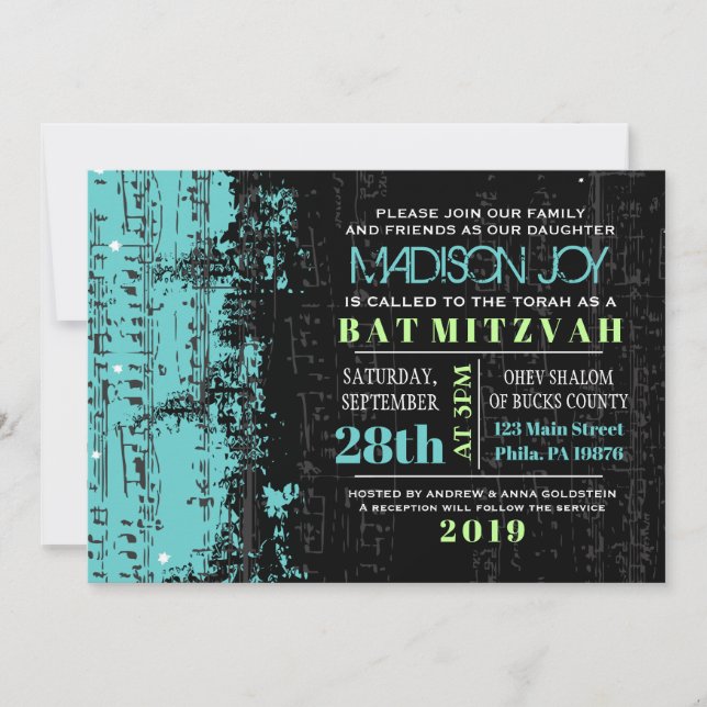 Music Notes Stars Bar Mitzvah Invitation Turquoise (Front)