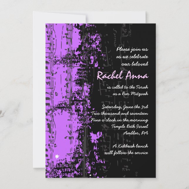 Music Notes Stars Bat Mitzvah Invitation purple (Front)