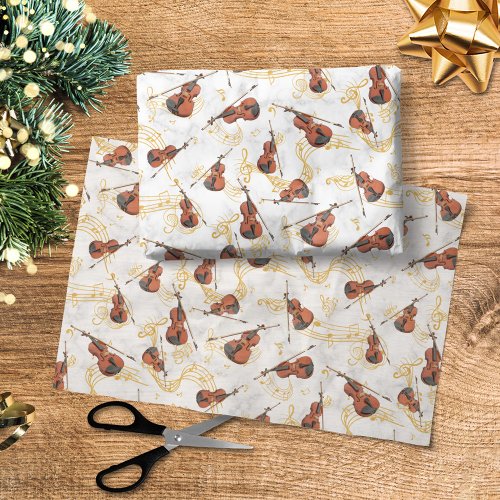 Music Notes Violins and Gold Staves Ribbons Tissue Paper