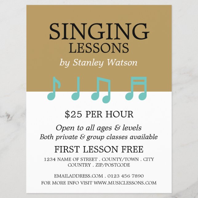 Music Notes, Vocalist Lessons Advertising Flyer (Front)