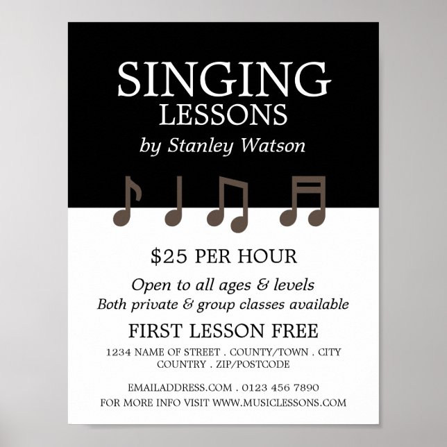 Music Notes, Vocalist Lessons Advertising Poster (Front)