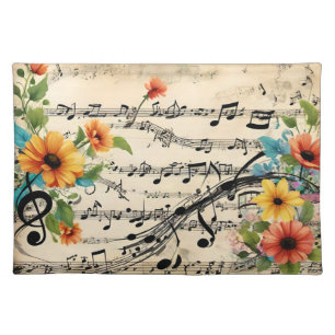 Music Notes with Floral Deco Design Cloth Placemat
