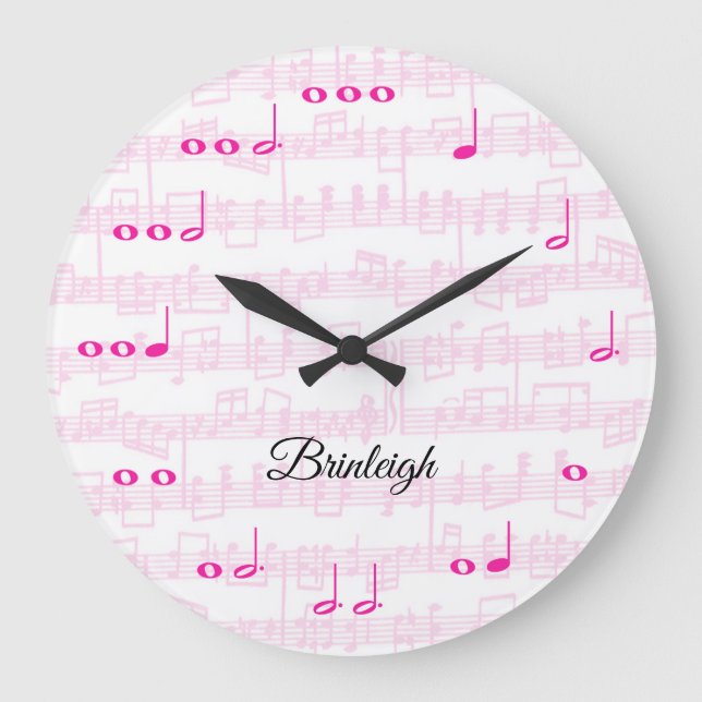 Music Notes with Sheet Music Pink Large Clock (Front)