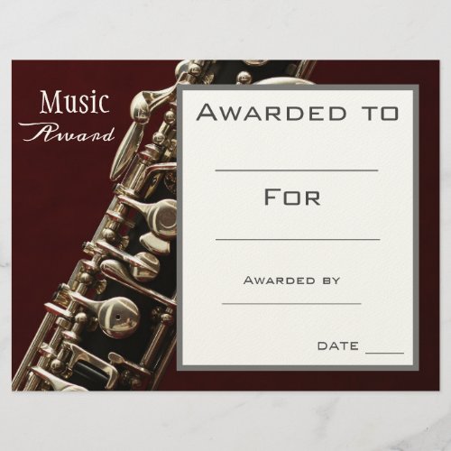 Music oboe award certificate music teacher