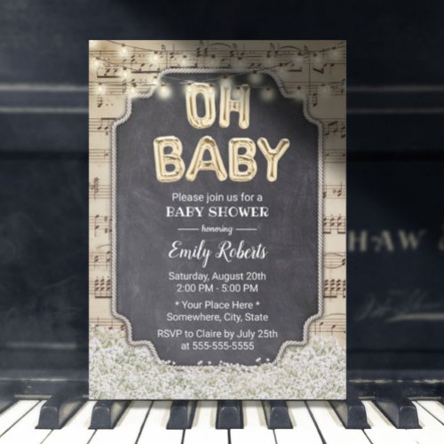 Music Oh Baby Shower Rustic Babys Breath Floral Invitation