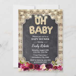 Music Oh Baby Shower Rustic Burgundy Red Floral Invitation