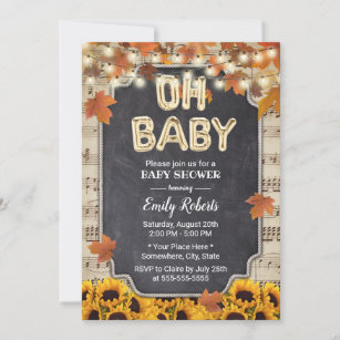 Music Oh Baby Shower Rustic Fall Leaves Sunflower Invitation