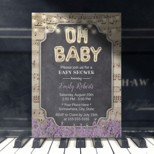 Music Oh Baby Shower Rustic Lavender Floral Invitation
